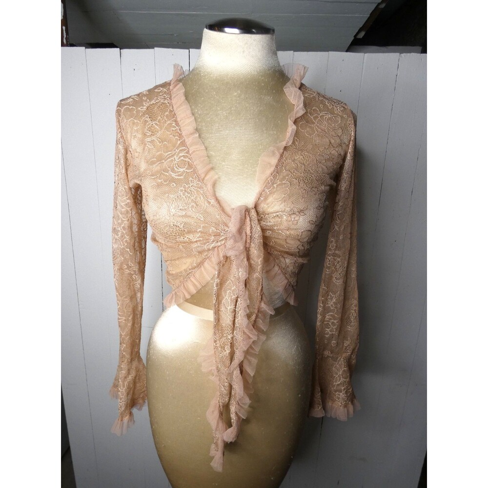 VTG Cejon Women's S Taupe Lace Cropped Tie Front Shawl Semi Sheer Y2K Bolero